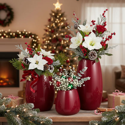 hjn Ceramic Vase Set of 3 White Flower Vase for Home Decor, Modern Decorative Vases for Flowers/Ideal Shelf Decor/Table/Living Room/Kitchen/Office-White