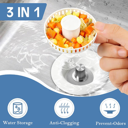 Sink Drain Strainer 3 in 1, 304 Stainless Steel Pop Up Kitchen Sink Stopper with Anti-Clogging Basket, Kitchen Essential Drain Anti-Clog Gadgets, Fits US Standard 3-1/2'' Sink Drain (SUS 304 Brushed)