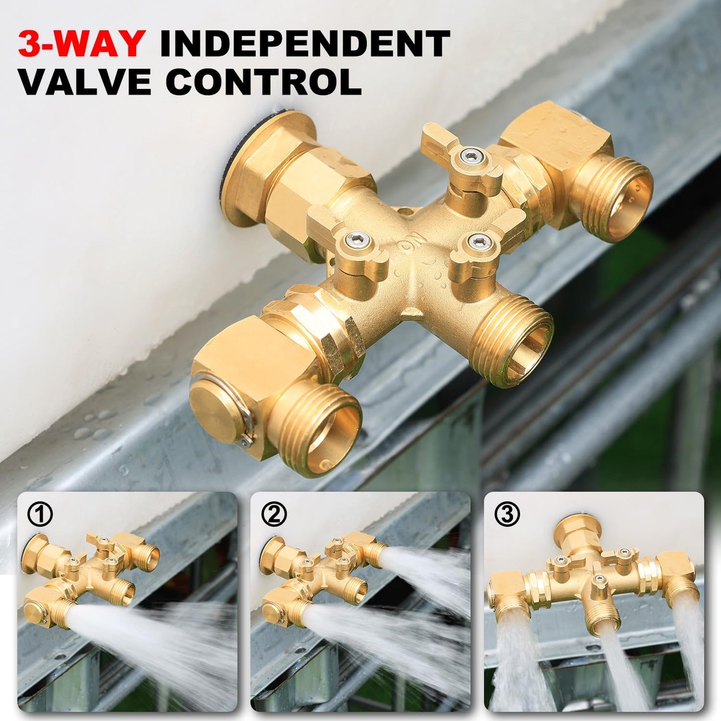 Garden Hose Splitter High Flow Splitter No Restricted-Flow Connector Heavy Duty Brass Hose Splitter with Shut Off Valves 3 way Hose Bib Adapter (Cross 3 way)