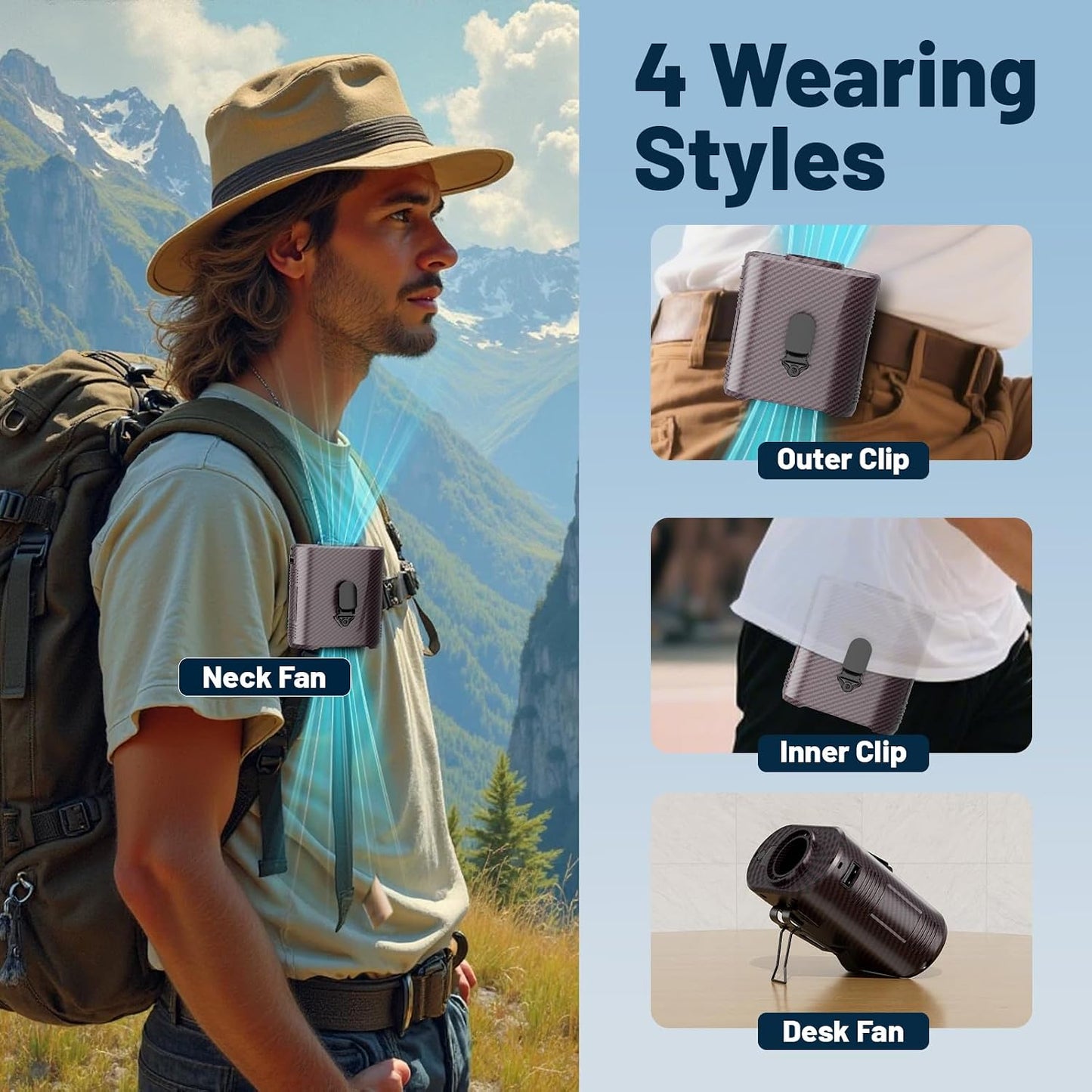 Waist Fan - 3-Speed Clip-On Fan, 16000RPM, 10000mAh Rechargeable Battery, LED SOS Light - Portable Cooling for Outdoor & Work