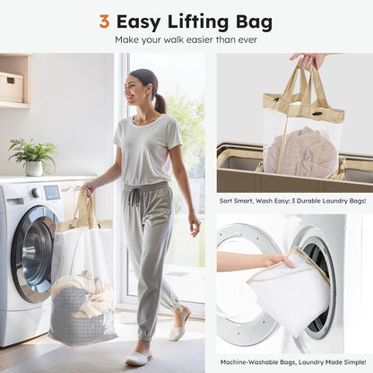 SOLEDI 180L Laundry Hamper 3 Section, Extra Large Laundry Hamper with Lid, Dirty Clothes Hamper with Sturdy Handle, Large Laundry Basket Organizer for Laundry Room, Bedroom, Hampers for Laundry