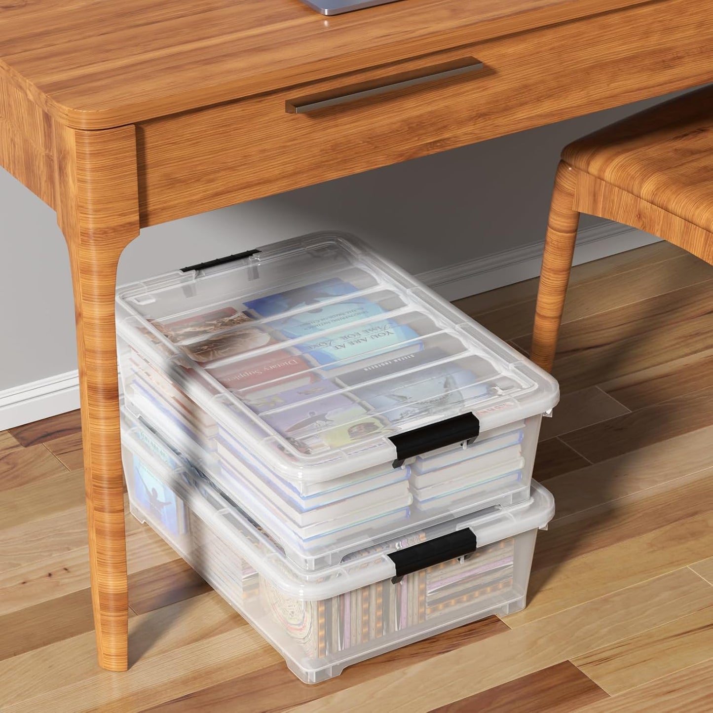 40 Quart Plastic Clear Underbed Storage Bin with Wheels, 3 Packs | Stackable Large Flat Under Bed Organization Boxes with Lids