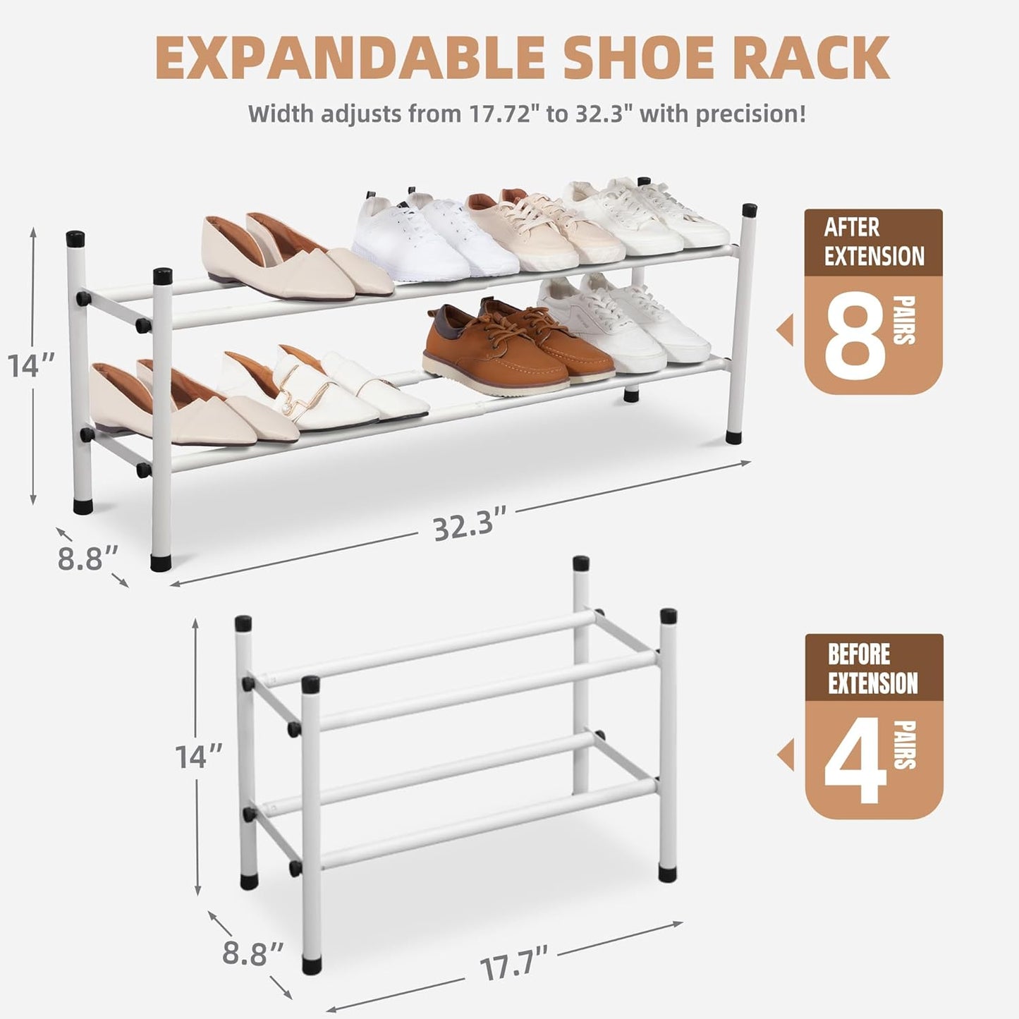 STORAGE MANIAC Expandable Shoe Rack for Closet, 8 Pairs Stackable Small Shoe Rack, Metal Adjustable Shoes Organizer for Entryway, Hallway, Garage, Front Door, Shoes Shelves, Black 2 Tier