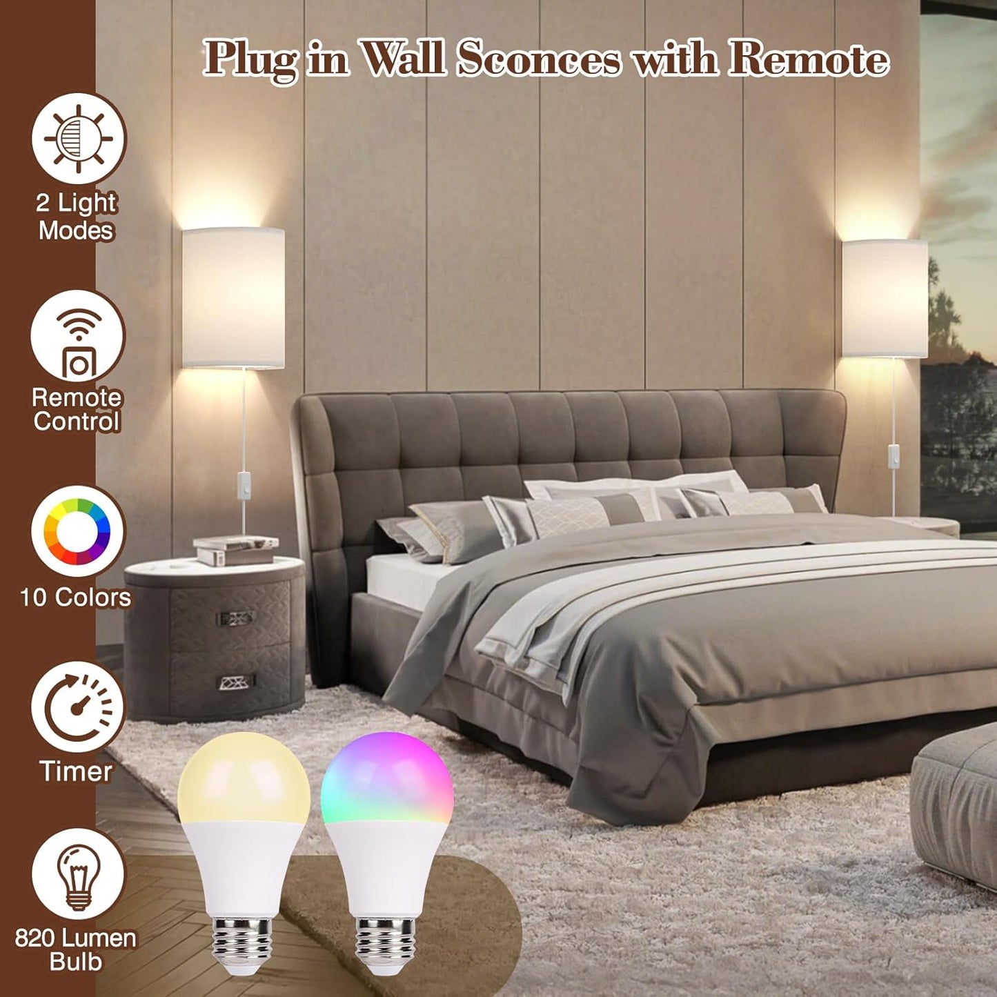 Battery Operated Wall Sconce Set of Two: 10000mAh Wireless Wall Light with Rechargeable Magnetic Bulb - Dimmable Wall Lamp with 7 RGB Colors - Linen Shade Sconces with Remote for Bedroom Living Room