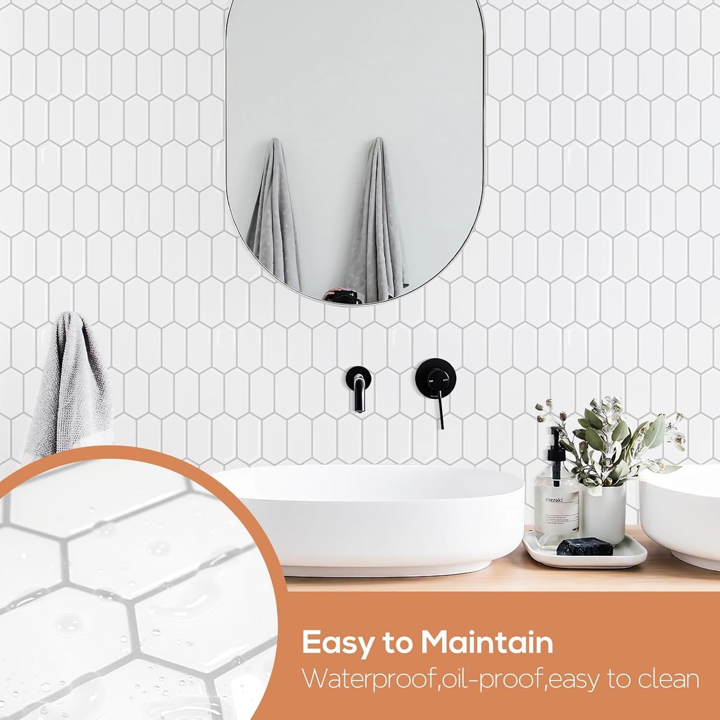 Vamos Tile Upgraded Thicker Design Peel and Stick Backsplash Tile, 10-Sheet Pure White with Gray Grout Long Hexagon Self Adhesive Wall Tiles Stick On Backsplash for Kitchen Bathroom RV Fireplace