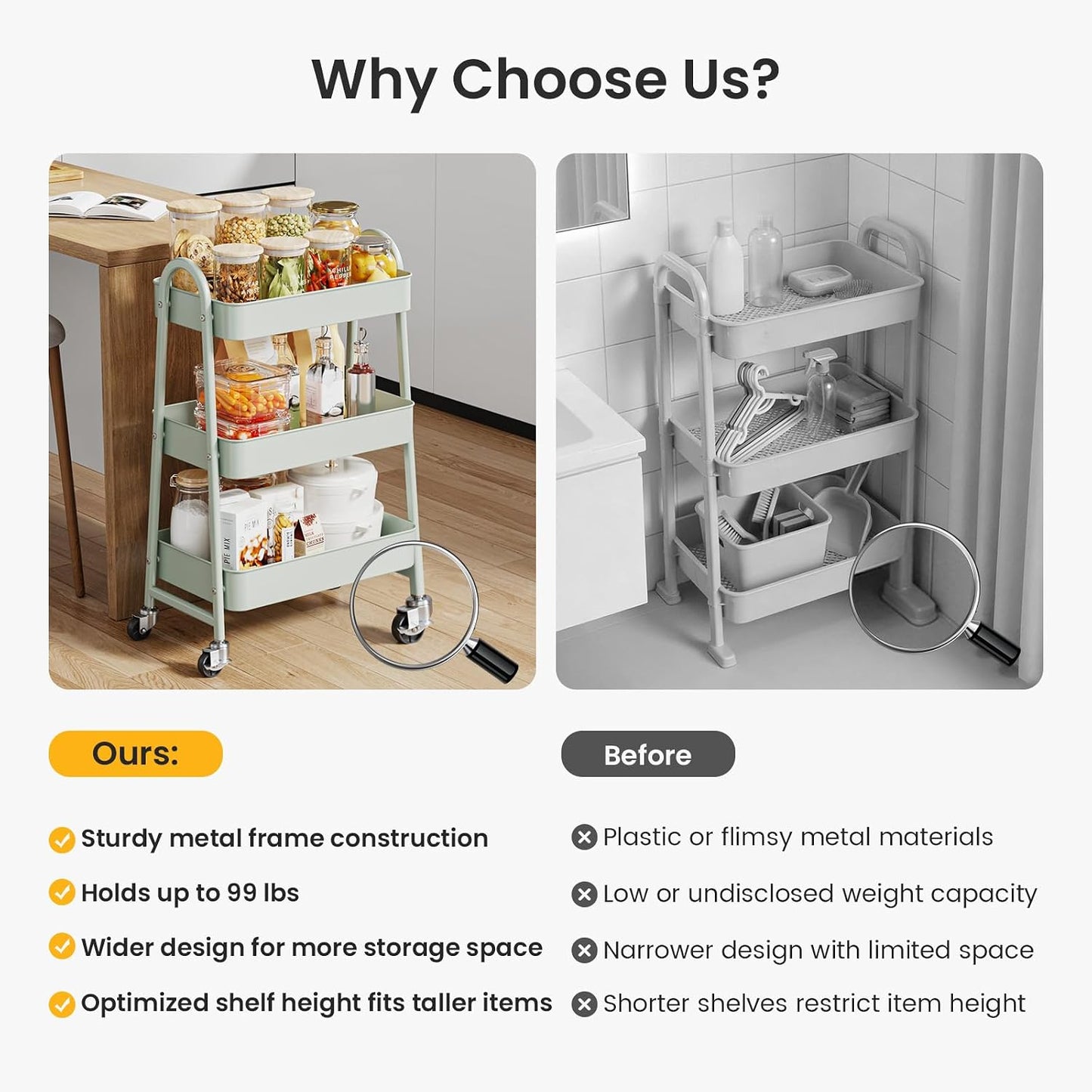 DUMOS 3 Tiers Rolling Cart, Utility Cart, Metal, White | Mobile Storage, Lockable Wheels, Utility Shelving Unit, Kitchen, Bathroom, Laundry, Narrow Places