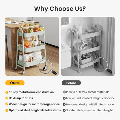 DUMOS 3 Tiers Rolling Cart, Utility Cart, Metal, White | Mobile Storage, Lockable Wheels, Utility Shelving Unit, Kitchen, Bathroom, Laundry, Narrow Places