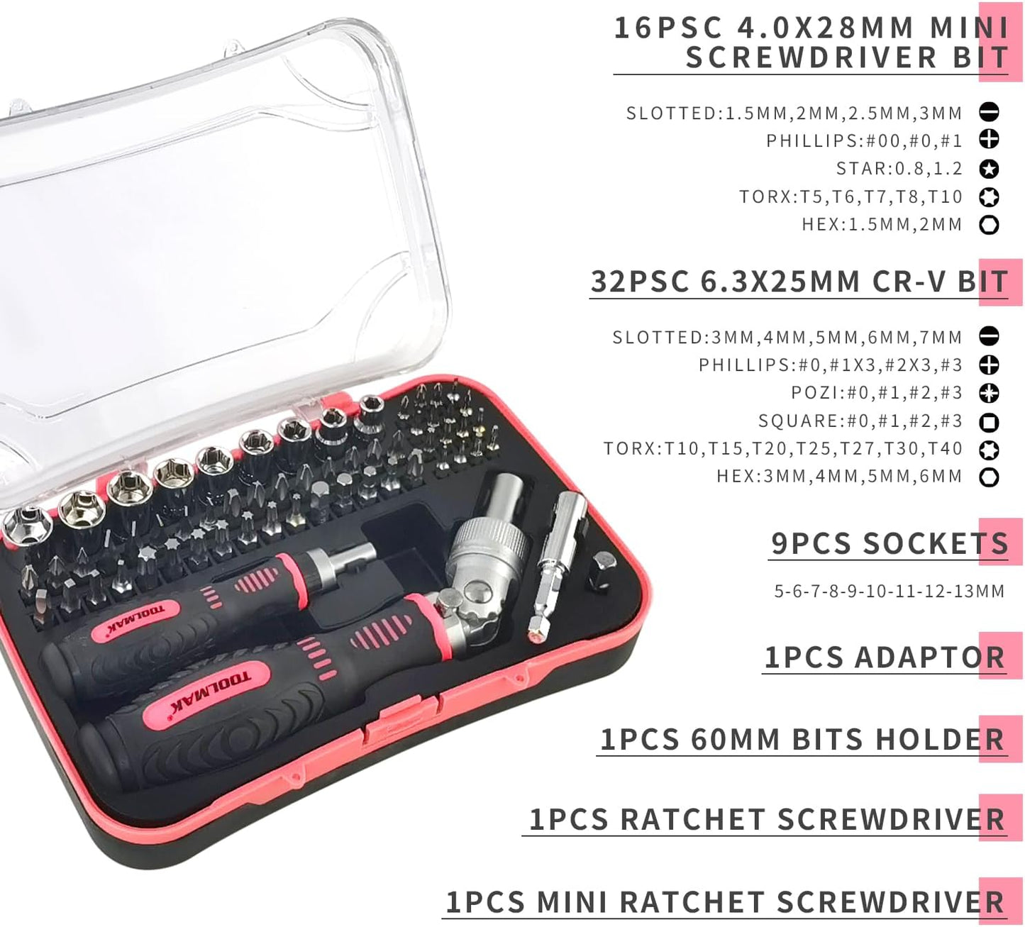 TOOLMAK 61pcs Ratcheting Screwdriver, Socket & Precision Bit Set | Cr-V Steel, Rotatable Handle, Storage Case Included, Ideal for Bike, Watch & Glasses Repair