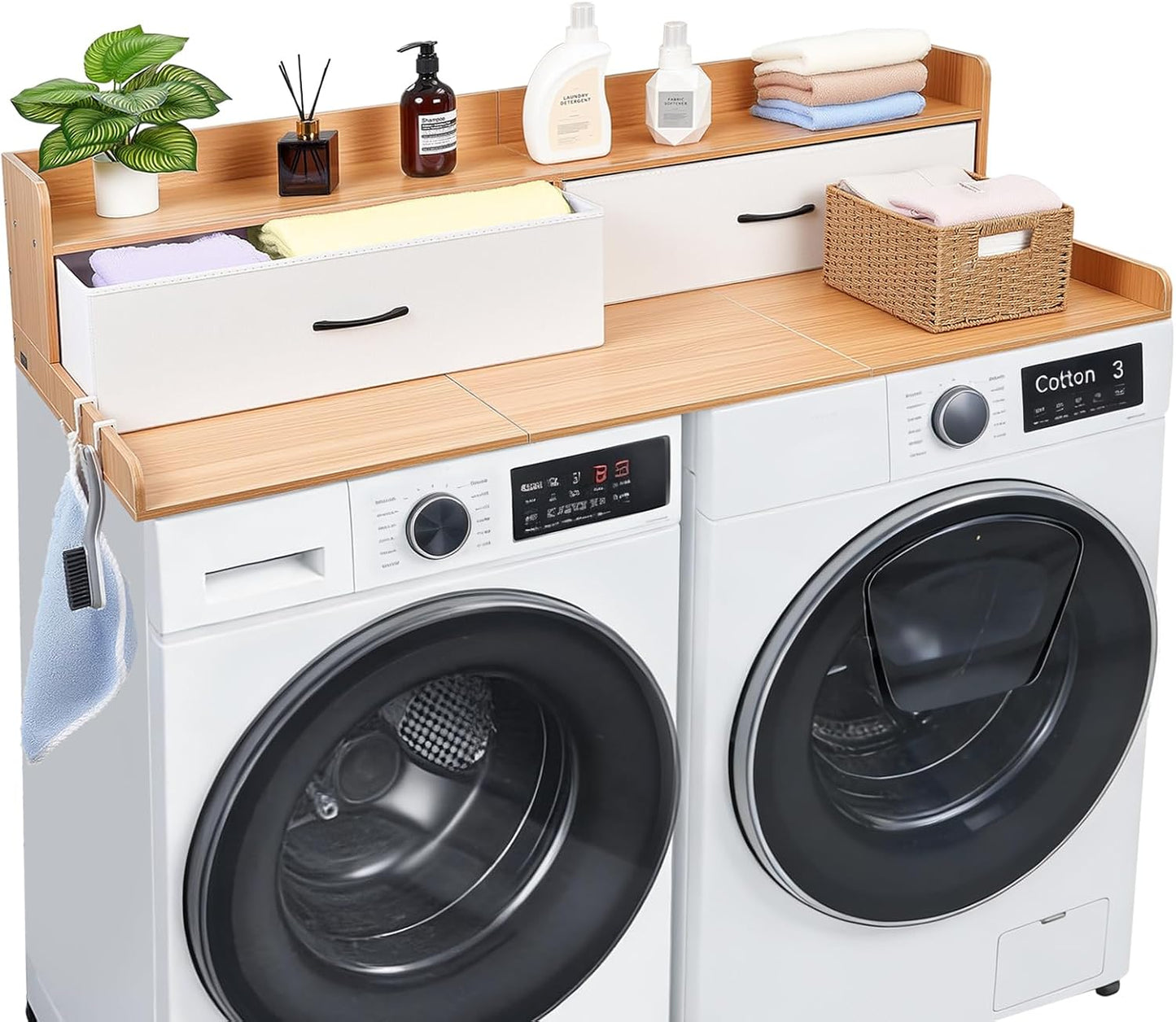 VEVOR Washer Dryer Countertop with 2-Tier Shelf, 54" x 27" Wooden Washer and Dryer Countertop with Anti-Slip Pads, Water-Resistant Laundry Topper Cover for Laundry Room Organization and Storage, Black