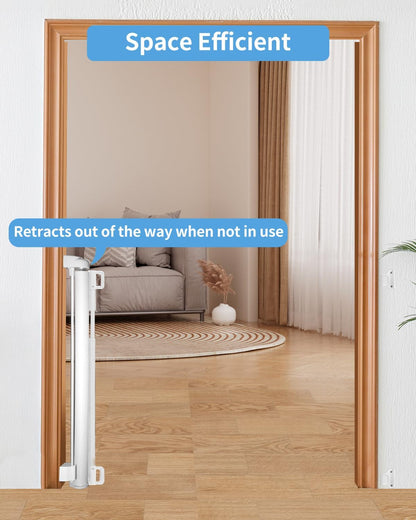 Retractable Baby Gate for Stairs – 33” Height, Expands up to 55” Width – Safety Gate for Infants, Toddlers, Dogs & Pets – Easy Install, Secure Closure, White Mesh Design for Indoor & Outdoor Use