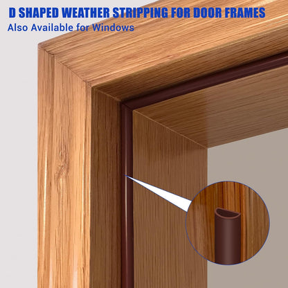 Weather Stripping Door Seal Self Adhesive Weather Strip Silicone D Shaped Door Seal Strip for Door Frame/Window Seal, 20Ft, Brown (3/8" W × 1/4" T)