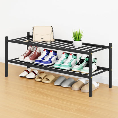 Smiry Bamboo Shoe Rack, 3 Tier Free Standing Wooden Shoe Organizer, Stackable Wood Shoe Storage Shelf for Closet, Entryway, 12 Vertical Slats, 2+1 Stack Standard Legs, 26.8"x11"x19.5", Natural