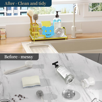 Consumest Sponge Holder for Kitchen Sink - Sink Caddy Organizer with Water Absorbing Stone Tray, Detachable Brush Holder, Stainless Steel Kitchen Counter Organizer Rack, Black