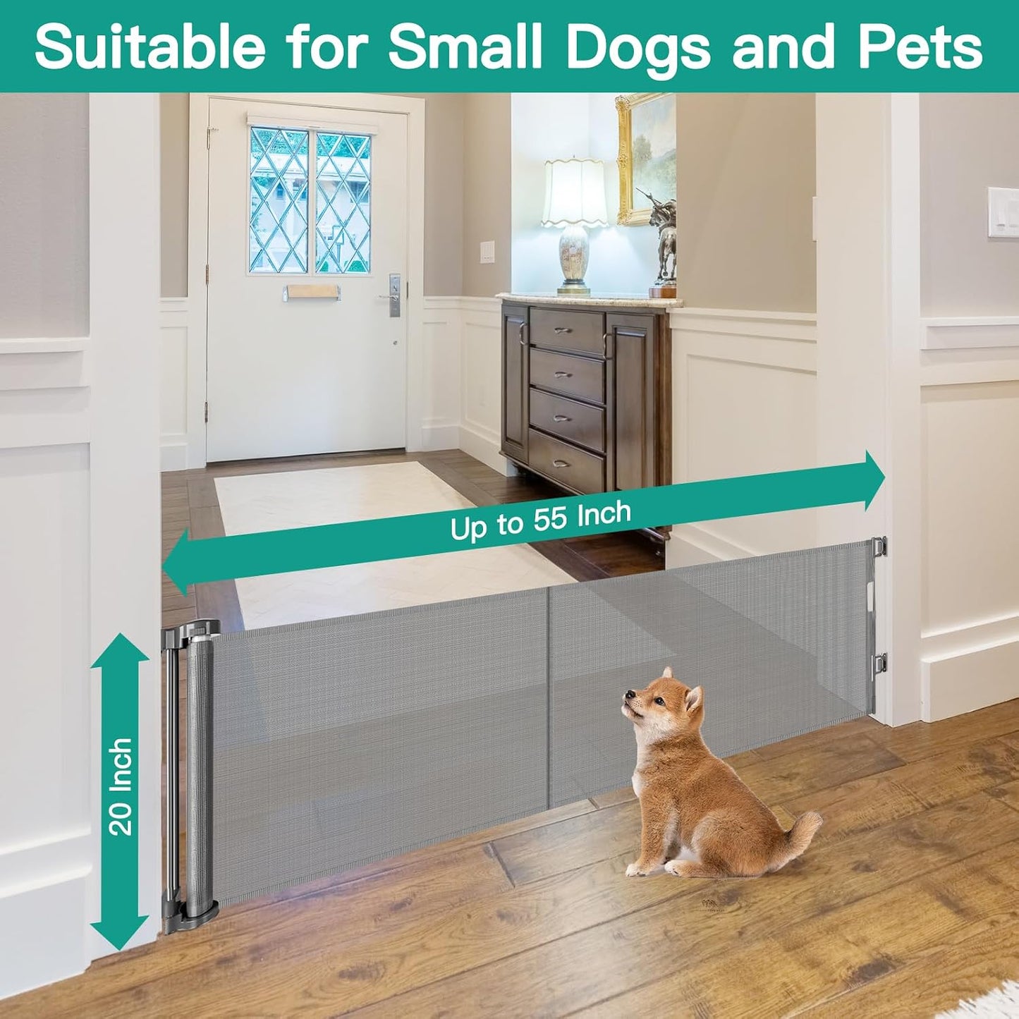 20 Inches Tall Retractable Short Dog Gates for Doorways, Short Pet Gate to Step Over, Extends up to 55" Wide, Step Over Puppy Gates for Stairs Mesh Doggy Gates Small Dog Gate Indoor Outdoor (Black)