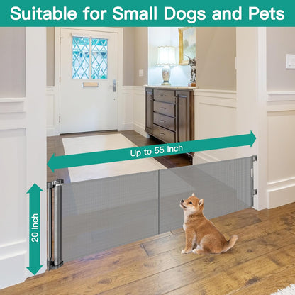 20 Inches Tall Retractable Short Dog Gates for Doorways, Short Pet Gate to Step Over, Extends up to 55" Wide, Step Over Puppy Gates for Stairs Mesh Doggy Gates Small Dog Gate Indoor Outdoor (Black)