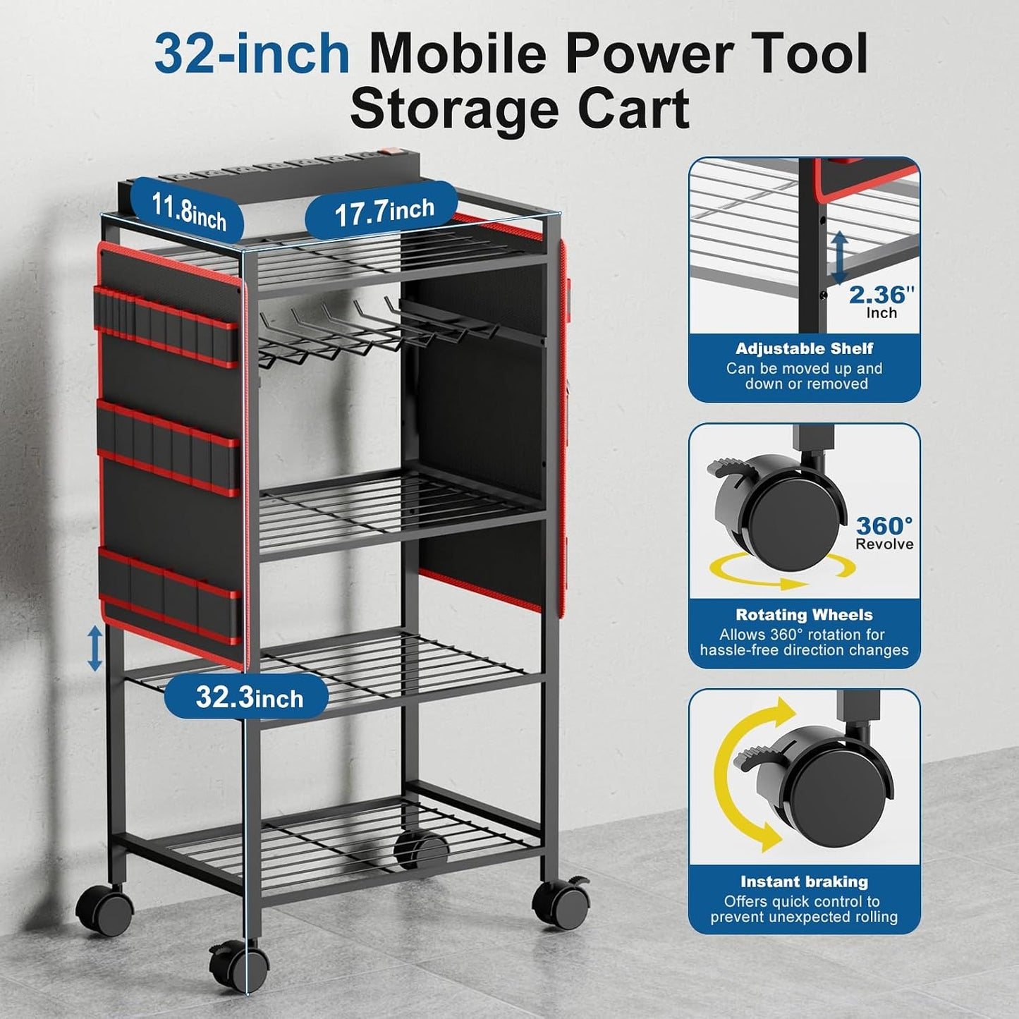5-Tier Power Tool Organizer Cart with Charging Station - 8 AC Outlets, 300 lbs Heavy Duty Utility Rack, Rolling Drill Holder & Tool Storage Cart on Wheels for Garage, Workshop, Gift,Red