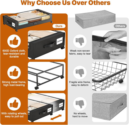 Under Bed Storage with Wheels,XXL 60L Under Bed Storage Containers with Clear Lids, Rolling Under Bed Metal Drawer for Clothes, Shoes,Toys(Gray, 2 Pack)