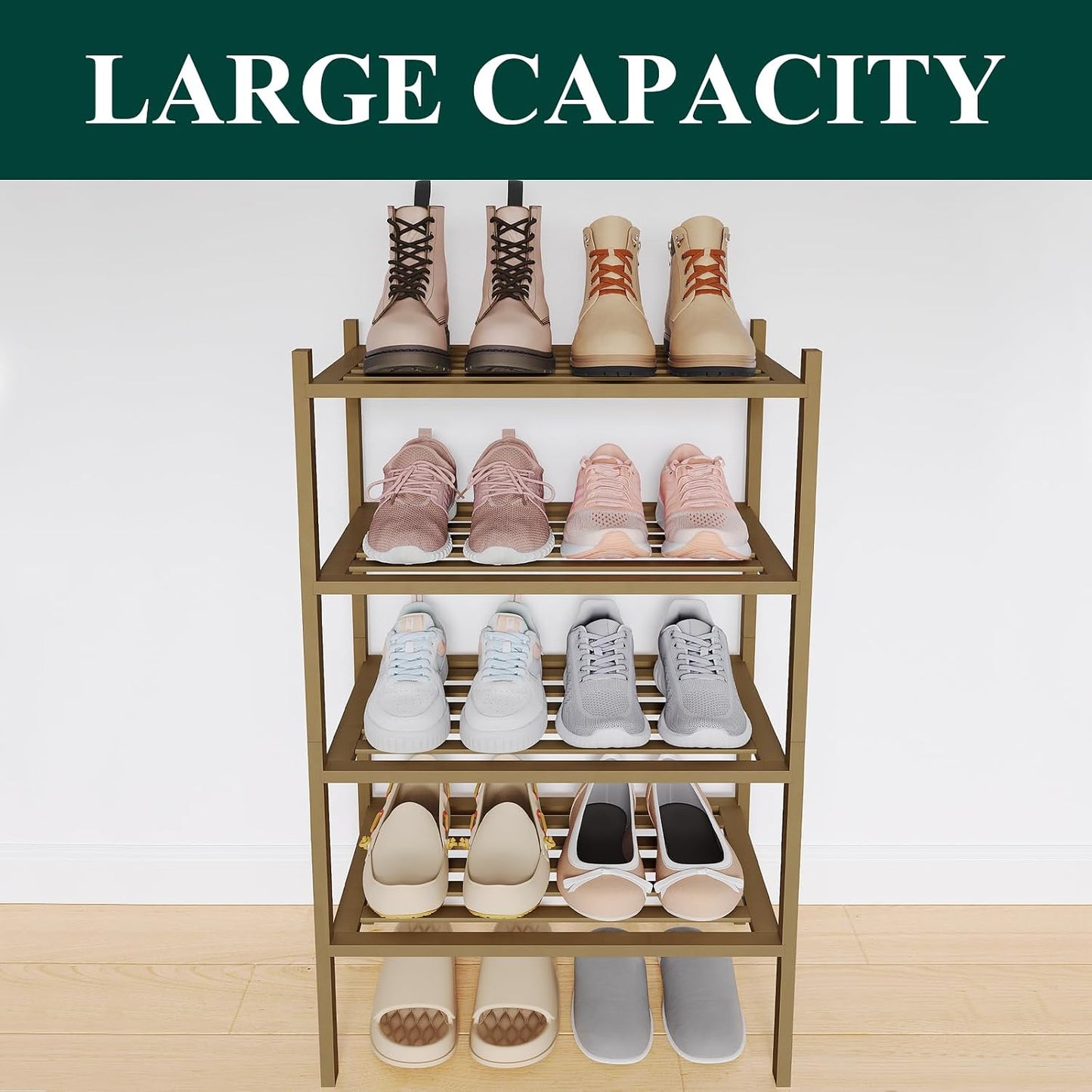 Smiry Bamboo Shoe Rack, 3 Tier Free Standing Wooden Shoe Organizer, Stackable Wood Shoe Storage Shelf for Closet, Entryway, 5 Horizontal Slats, 26.8"x11"x18.3", Natural