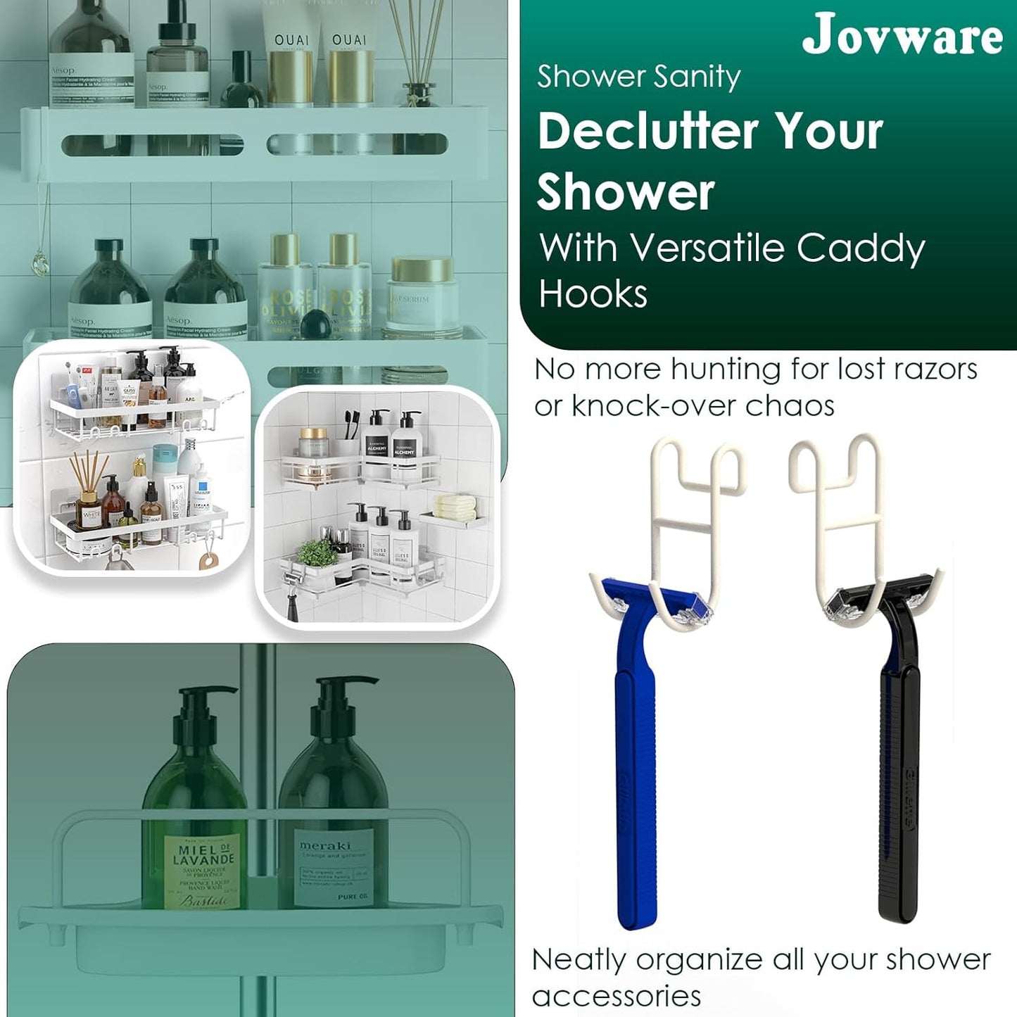 White Shower Caddy - 2 Pack Open Shelf Hooks for Loofah, Razor and More