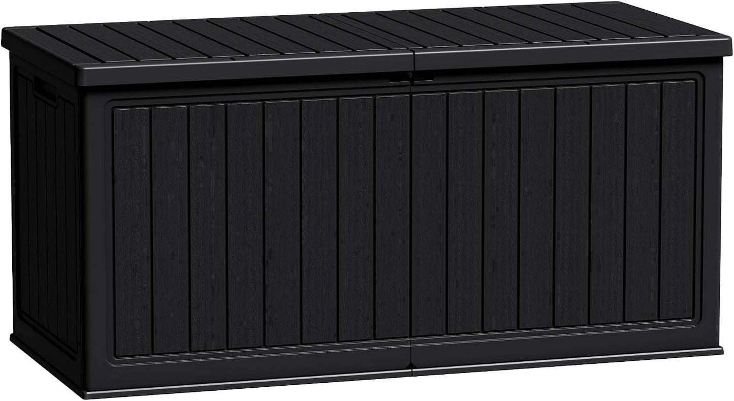 Flamaker Resin Deck Box 120 Gallon Waterproof Large Outdoor Indoor Storage Box Imitation Wood Resin for Patio Furniture Garden Tools and Pool (Black)