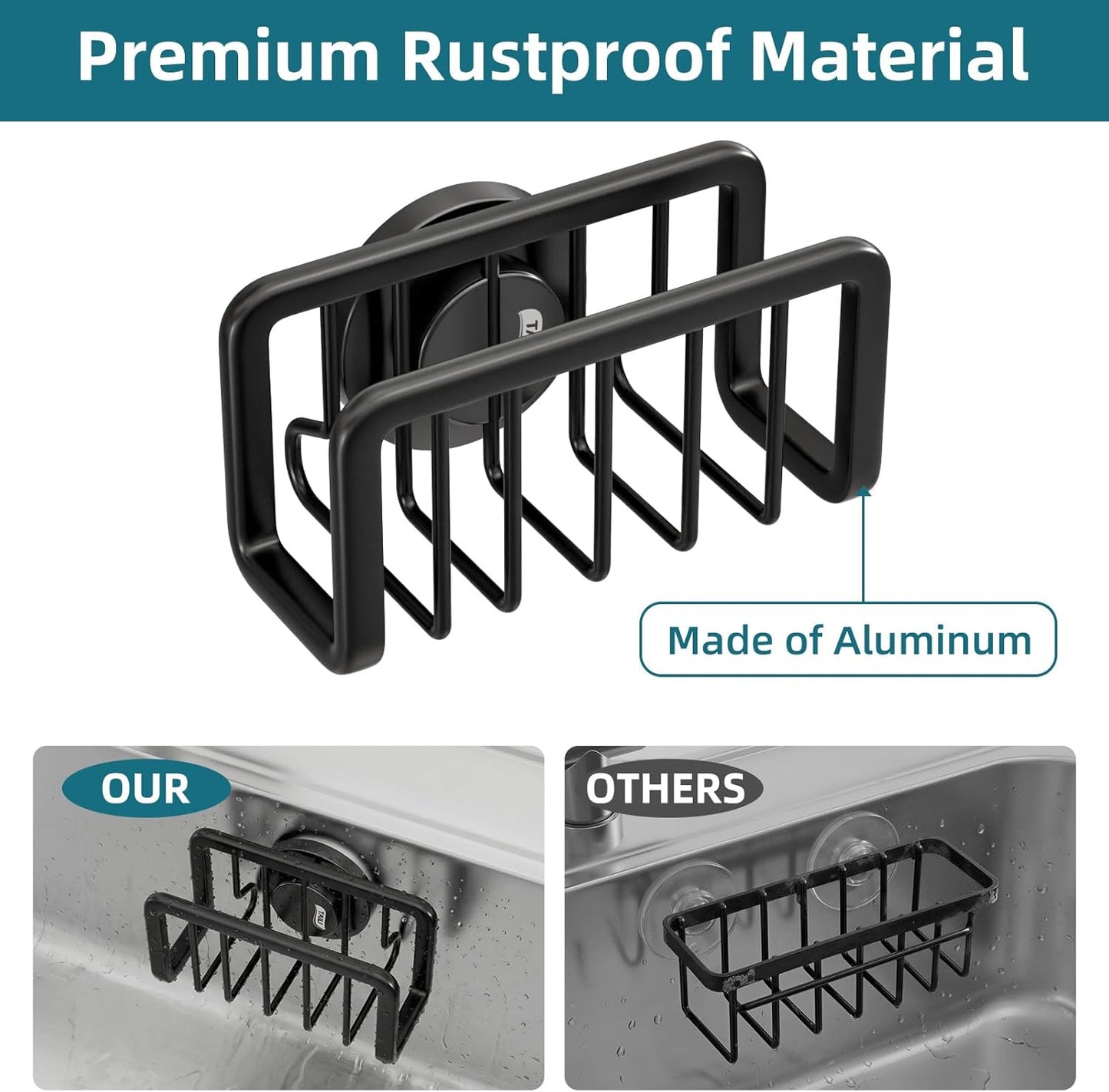 TAILI Sponge Holder with Strong Suction Cup, Dish Sponge Caddy Inside Sink Removable, Rustproof Aluminum for Sponges, Brushes, Stoppers and Scrapers - Black