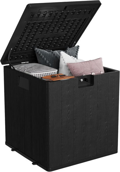 28-Gallon Waterproof Outdoor Storage Box, Lockable Resin Deck Box with Lid, Patio Storage Bin for Pool, Garden Tools & Backyard, All-Weather Protection, Black Wicker