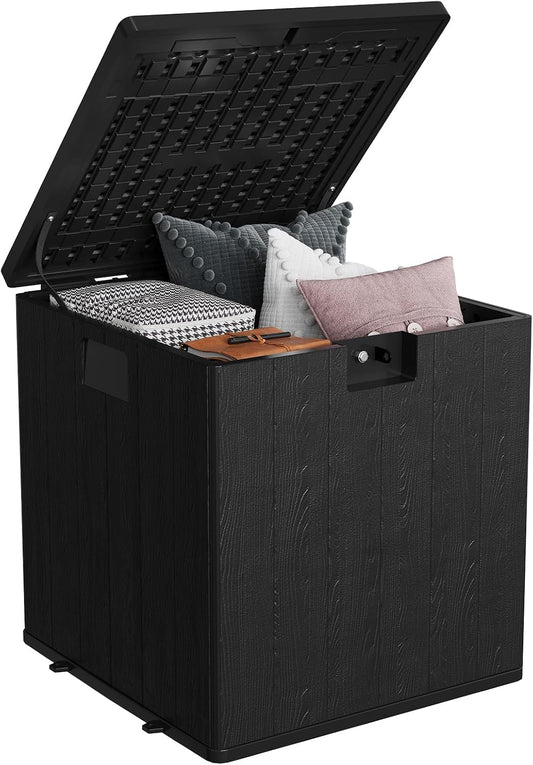 28-Gallon Waterproof Outdoor Storage Box, Lockable Resin Deck Box with Lid, Patio Storage Bin for Pool, Garden Tools & Backyard, All-Weather Protection, Black Wicker