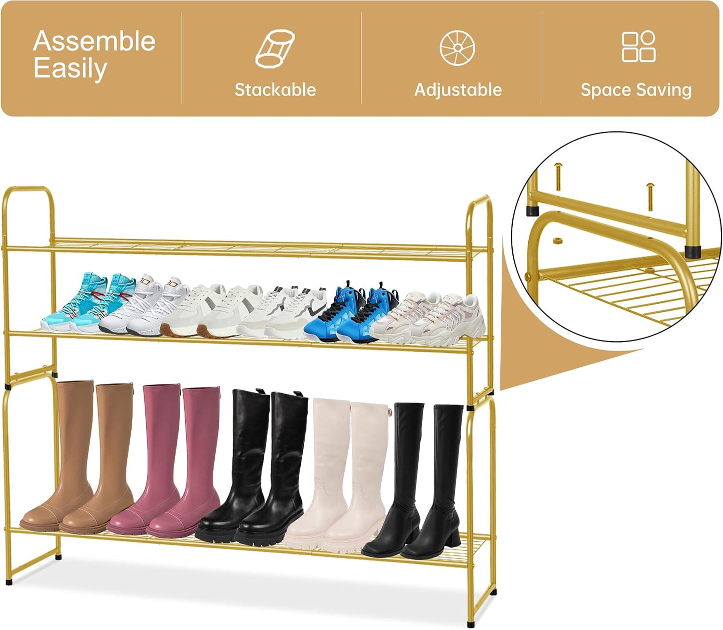 KEETDY 3-Tier Long Shoe Rack for Closet Metal Shoe Organizer for Entryway, Wide Stackable Shoe Storage Shelf with Sturdy Wire Grid for Closet Floor, Bedroom, Black