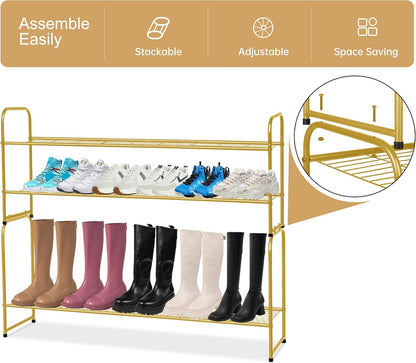 KEETDY 3-Tier Long Shoe Rack for Closet Metal Shoe Organizer for Entryway, Wide Stackable Shoe Storage Shelf with Sturdy Wire Grid for Closet Floor, Bedroom, Black
