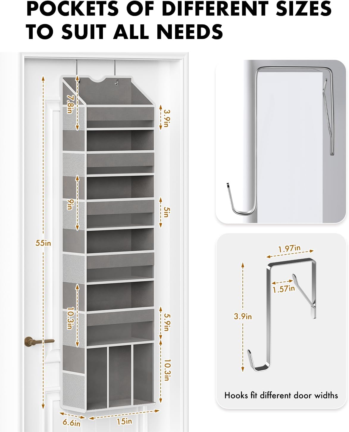 Over the Door Hanging Organizer - Closet Door Organizer and Storage with Large Pockets, Swing-Proof Behind The Door Organizer for Bathroom Nursery (Grey, 1 Pack -Extra Large 6 Tier)