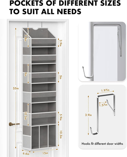 Over the Door Hanging Organizer - Closet Door Organizer and Storage with Large Pockets, Swing-Proof Behind The Door Organizer for Bathroom Nursery (Grey, 1 Pack -Extra Large 6 Tier)