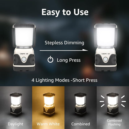 Lepro 1500LM Battery Powered LED Camping Lantern, Green Tent Light with 4 Light Modes, Camping Essentials, Waterproof Lantern Flashlight for Camping, Emergency Light, Power Outages, Not Rechargeable