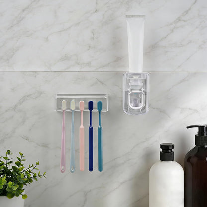 5 Slots Wall Mount Toothbrush Holder with Cover, Self Adhesive Toothbrush Storage Organizer for Shower, Toothbrush Hanger with Automatic Toothpaste Squeezer Dispenser
