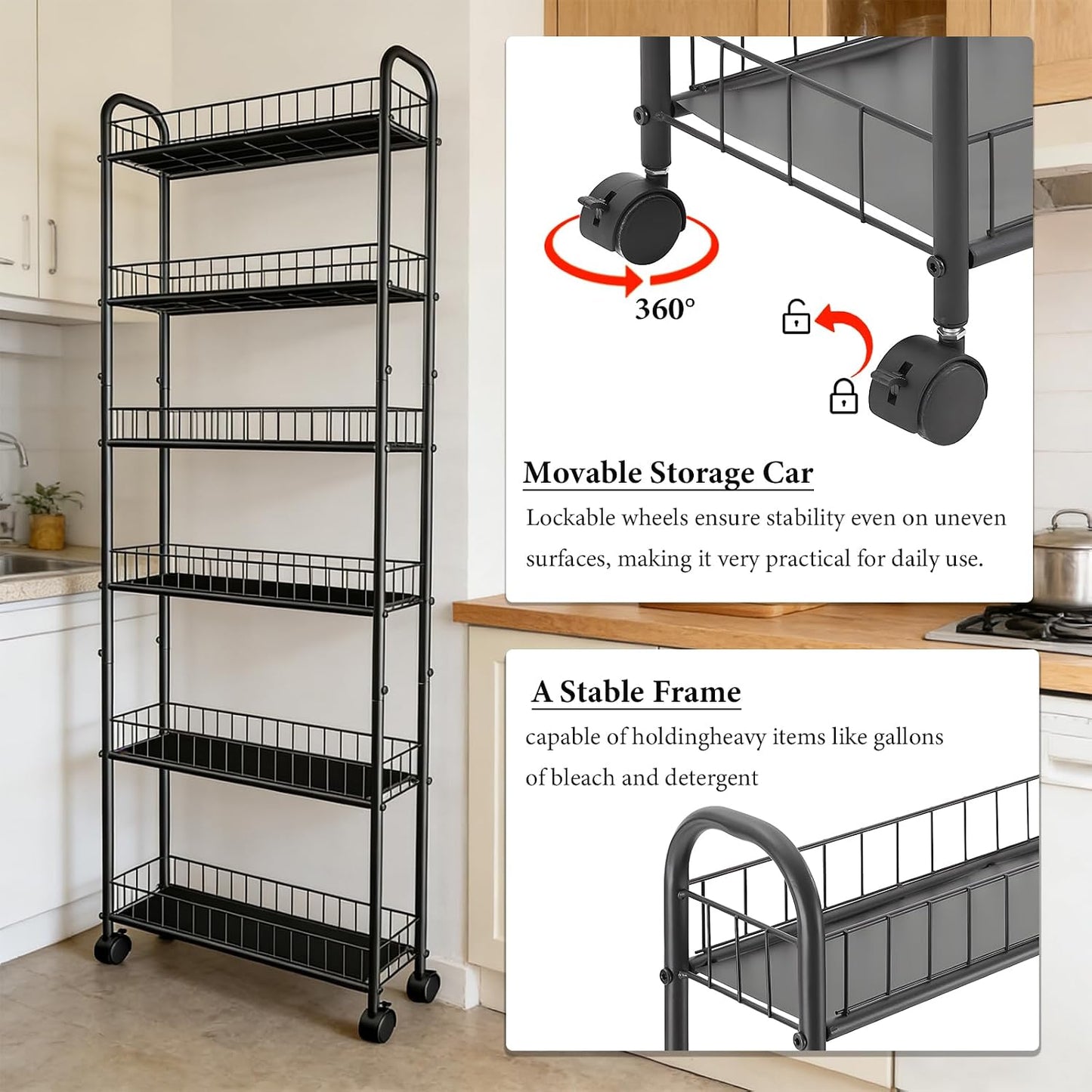 10in 6-Tier Slim Storage Cart with Wheels, Metal 10in Wide Black Narrow Rolling Shelf, Sturdy Slim Storage with Hooks Ideal for Kitchen, Bathroom, and Laundry Room