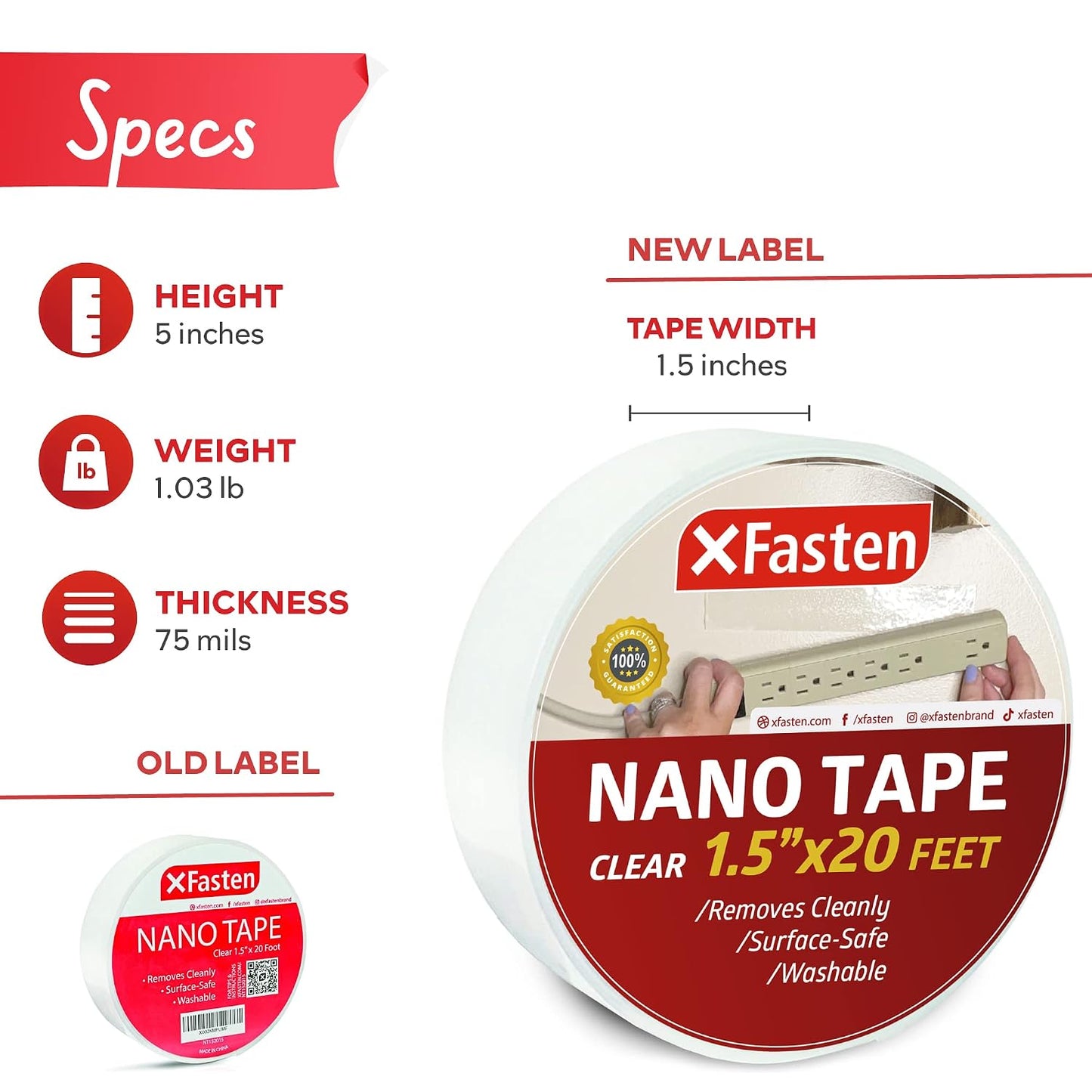 XFasten Reusable Double-Sided Nano Tape, 1.5-Inch x 20 Feet, Clear, Movable and Washable Double-Sided Gel Mat Grip Adhesive Putty Brick Tape | Bathroom, Kitchen Silicone Grip Nano Mounting Tape