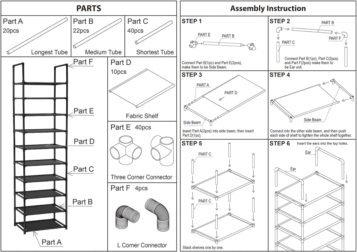 FIDUCIAL HOME 10 Tiers Shoe Rack Organizer 20 Pairs Tall Shoe Shelf | Tall Narrow Space Saving for Closet Entryway Dorm, Easy to Assemble, 17"L x 11"W x 68.8"H, Black