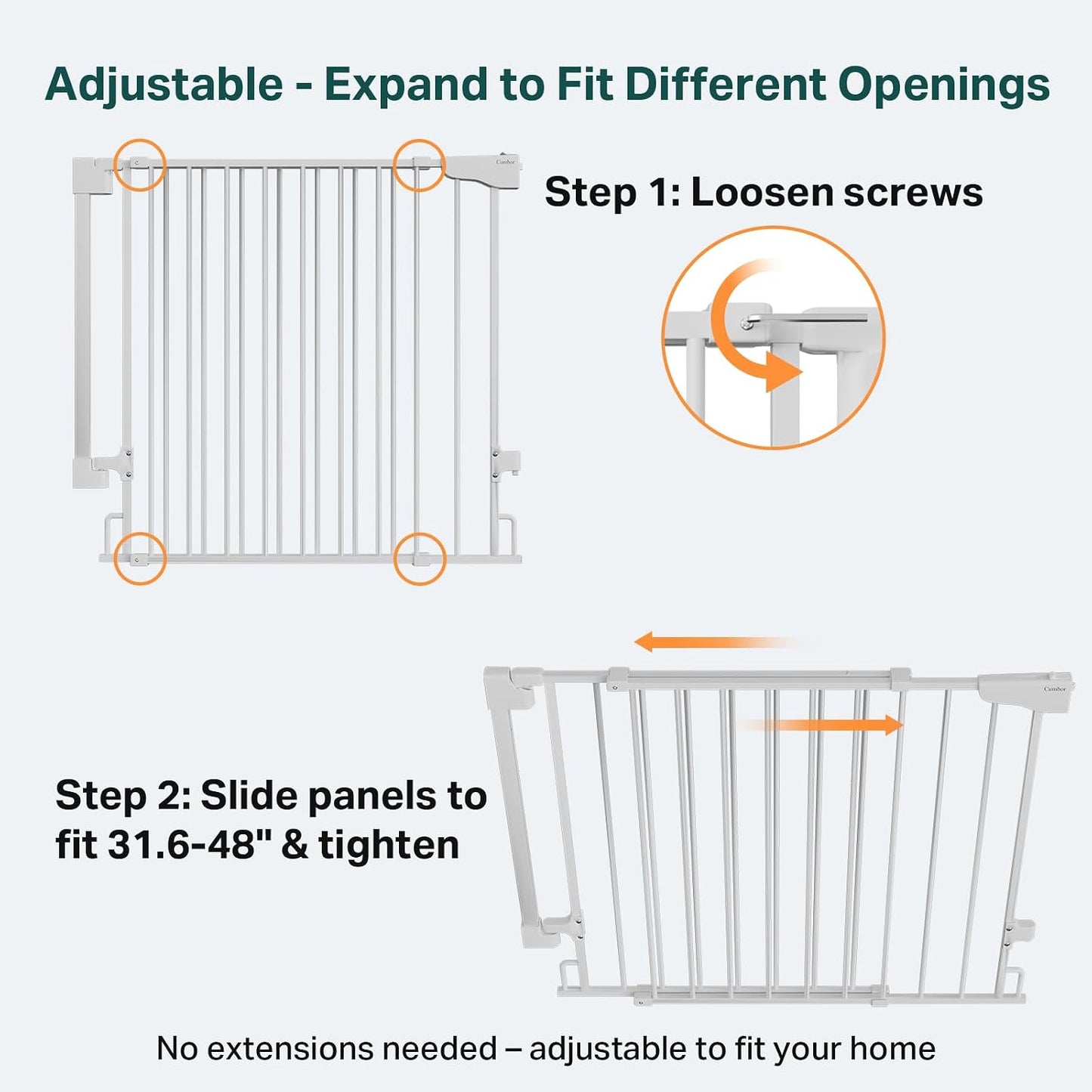Cumbor 29.2–43" Baby Gate for Stairs, Hardware Mounted (Drill Required), Expandable No Bottom Bar Dog Gate, Auto Close Extra Wide Walk Thru, Pet & Toddler Proof Gate, Top & Bottom of Stairways (White)