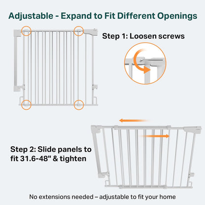 Cumbor 29.2–43" Baby Gate for Stairs, Hardware Mounted (Drill Required), Expandable No Bottom Bar Dog Gate, Auto Close Extra Wide Walk Thru, Pet & Toddler Proof Gate, Top & Bottom of Stairways (White)
