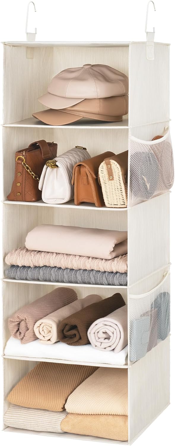 StorageWorks 6-Shelf Hanging Closet Organizer, Hanging Shelves for Closet, Fabric, Mixing of Beige, White & Ivory, 12" D x 12" W x 47 1⁄2" H