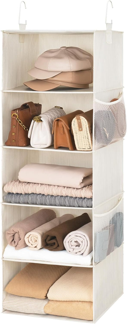 StorageWorks 6-Shelf Hanging Closet Organizer, Hanging Shelves for Closet, Fabric, Mixing of Beige, White & Ivory, 12" D x 12" W x 47 1⁄2" H
