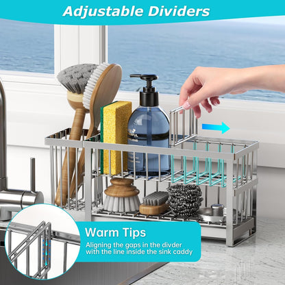 Liuoud Sponge Holder for Kitchen Sink, 2 Tier Sink Caddy Organizer Countertop with Dish Brush Holder and 360° Drain Tray, Rustproof Stainless Steel Dish Soap Storage Rack Set for Accessories Grey