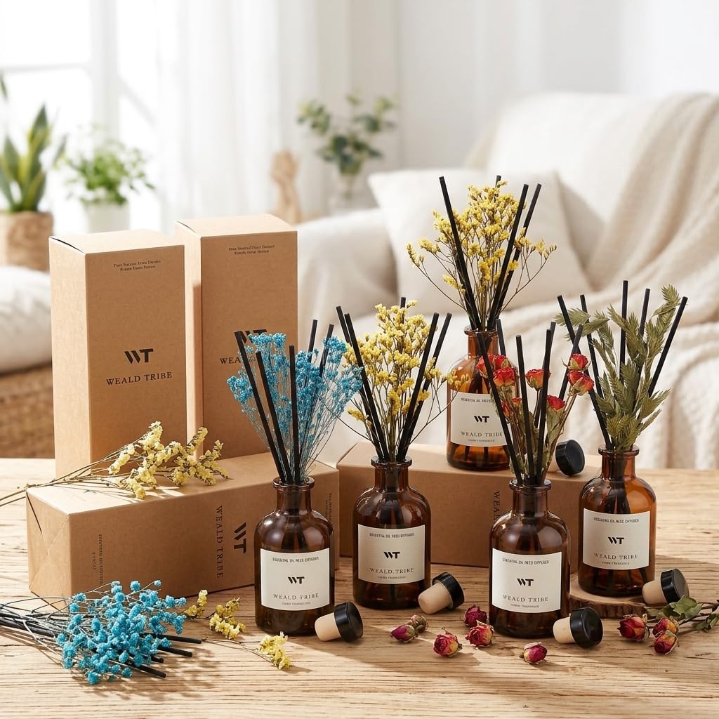 WEALD TRIBE Flower Reed Diffuser Set Eucalyptus & Lavender Scent For Bathroom Accessories Shelf Decor & Air Fresheners, Sticks Defusers With 4.0 fl oz Essential Oils, House Bedroom Office Decor & Gift