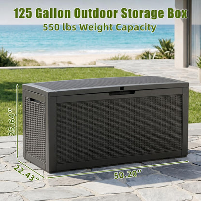 ROJIK 120 Gallon Waterproof Outdoor Deck Storage Box, Lockable Resin Patio Storage Bin with Lid for Garden Tools, Patio Cushions & Outdoor Accessories(Black)