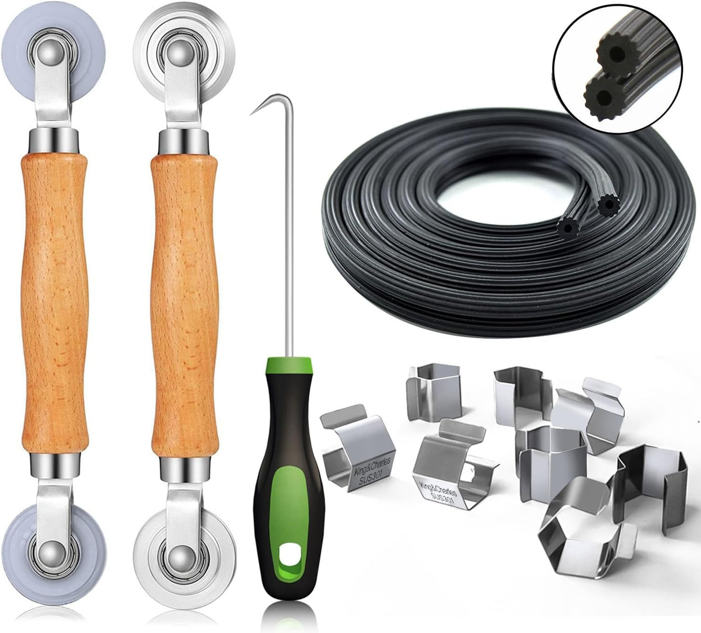 King&Charles Screen Repair Kit,5-in-1 Screen Roller Tool,0.14inx32ft Spline | Steel/Nylon Roller, 8 Clips, Hook Screen Door Repair Kit, Window Mesh, Window Screens, Patio and RV Mesh Replacement