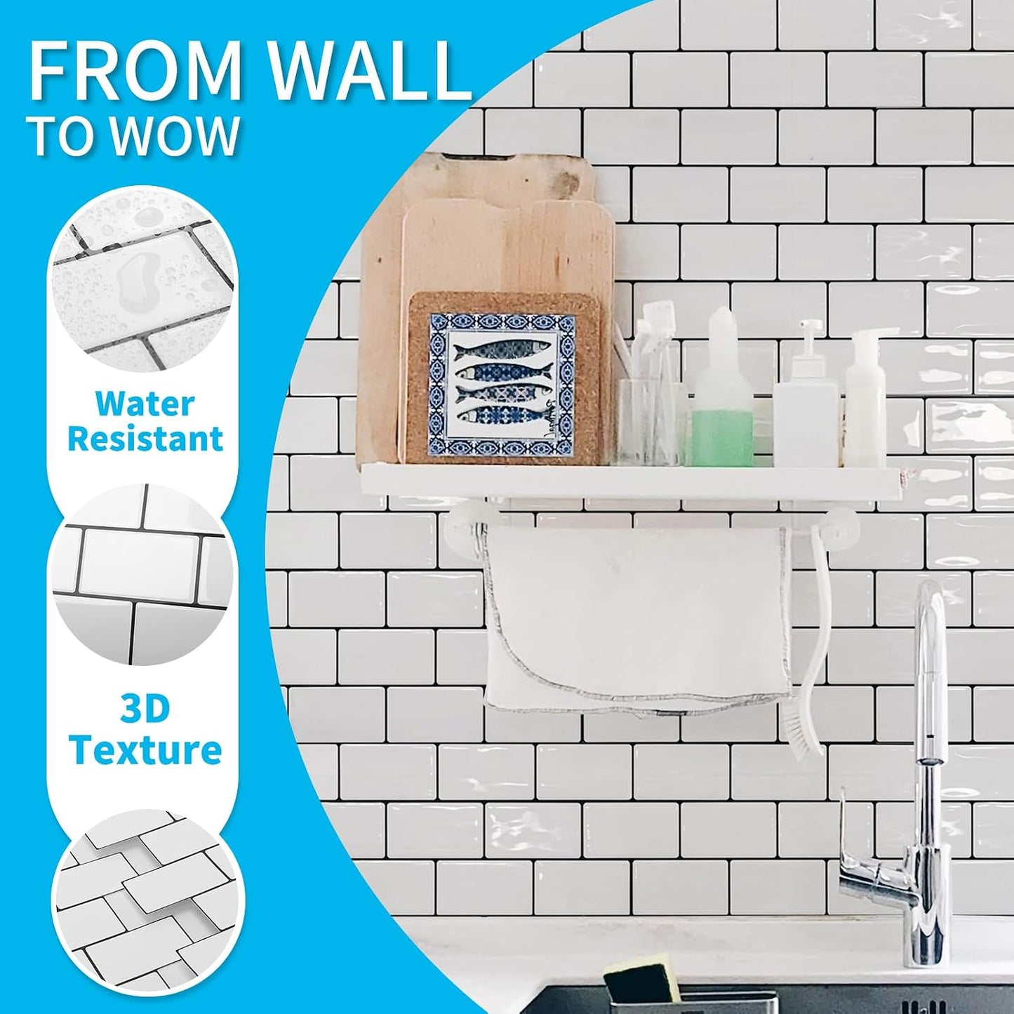 Art3d 10-Sheet Premium Stick On Kitchen Backsplash Tiles, 12"x12" Peel and Stick Self Adhesive Wall Tiles, White Marble Design