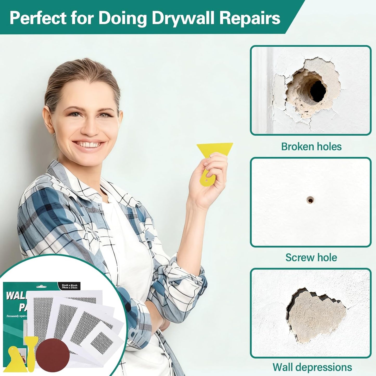 25 Pcs Drywall Repair Kit - 4/6/8/10 Inch Wall Patch Repair Kit for Large Holes, Dry Wall Patch Kits with Scraper Sandpapers Gloves, Quick Fix for Ceiling Bathroom Wall Damage