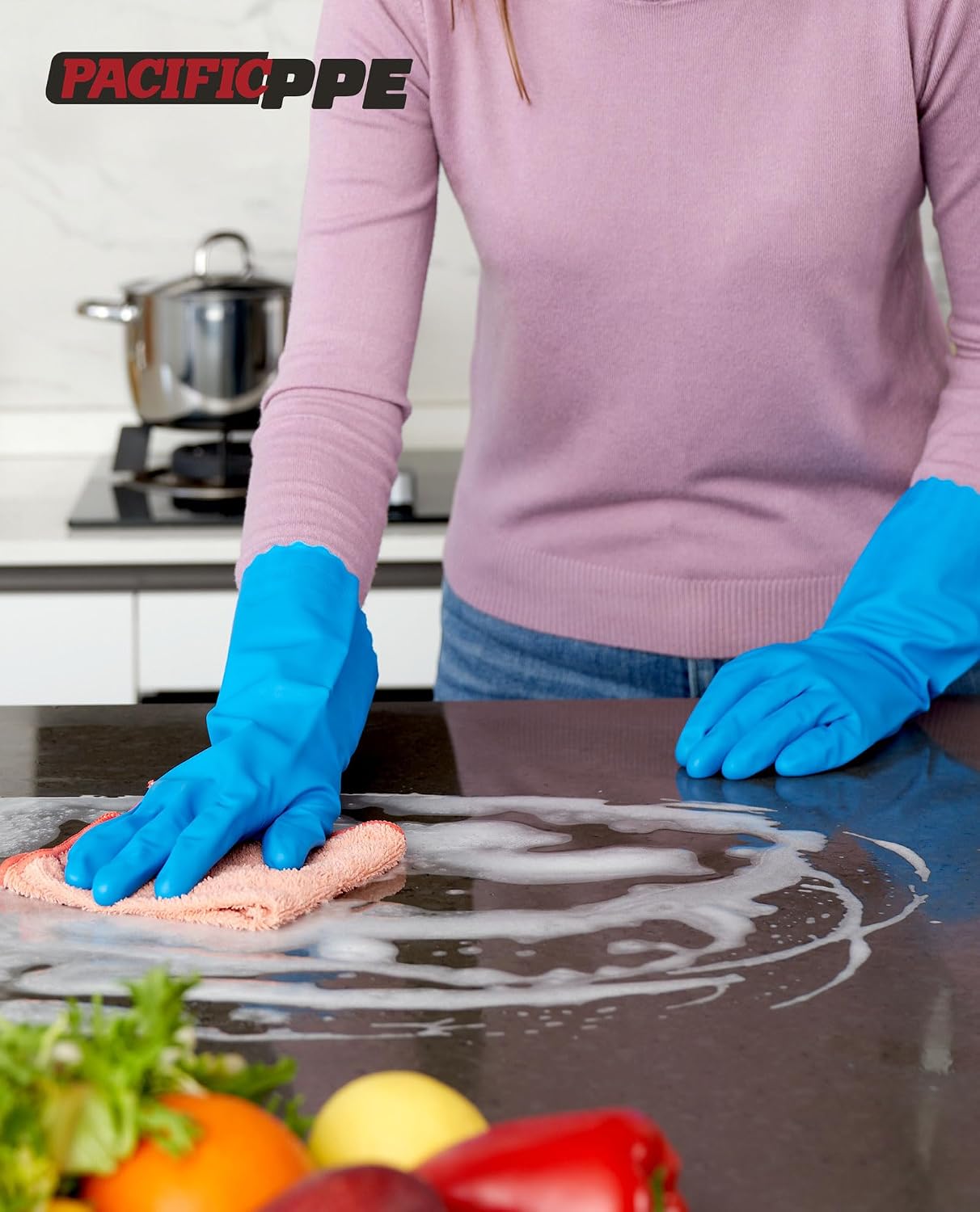 PACIFIC PPE 4 Pairs Reusable Dishwashing Cleaning Gloves with Latex Free, Cotton Lining, Kitchen Gloves, Purple, Large
