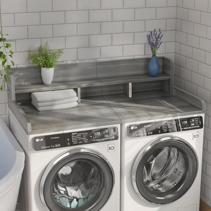 54" 2 Tier Washer Dryer Countertop with Storage Shelf, Waterproof MDF Laundry Room Organizer, Folding Station, Mechanically Joined Two-Panel Countertop (Walnut Brown)