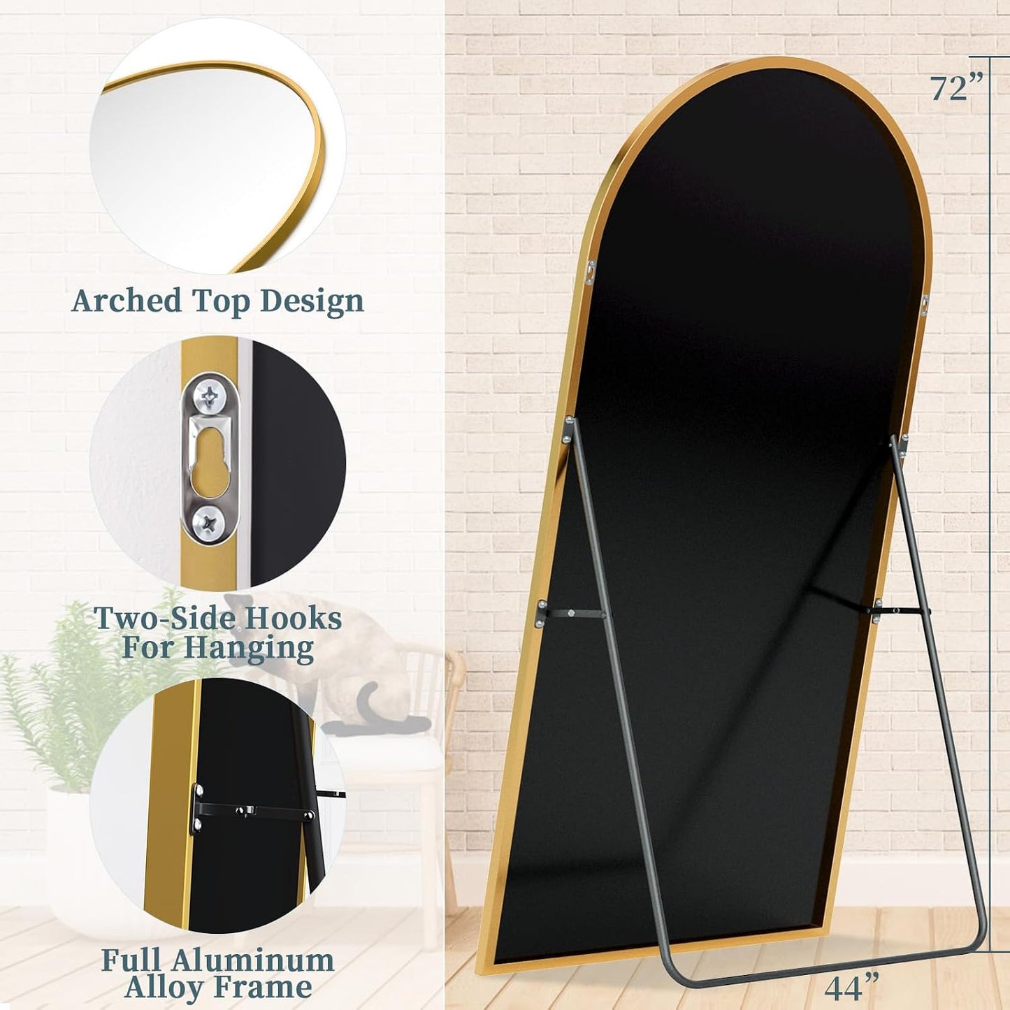 Full Length Mirror with Stand, 71"x28" Arched Full Body Large Stand Up Aluminum Frame Floor Standing Mirror, Freestanding Hanging Leaning Mounted for Bedroom Living Room Entryway Gold