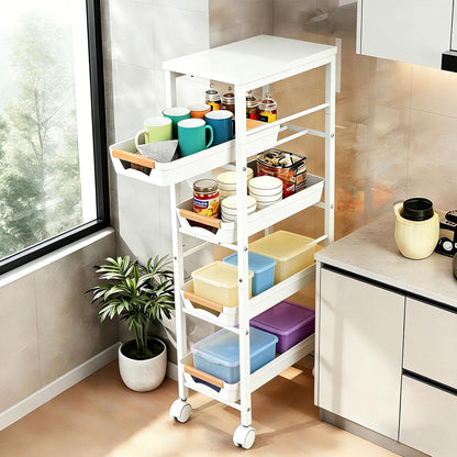 Slim Storage Cart with Wheels Pull-Out 5-Tier Rolling Storage Cart | narrow black 8.07in Wide, Mesh Baskets with Raised Edge, Wood-Grain Top, 360° Lockable Casters, Easy Assembly